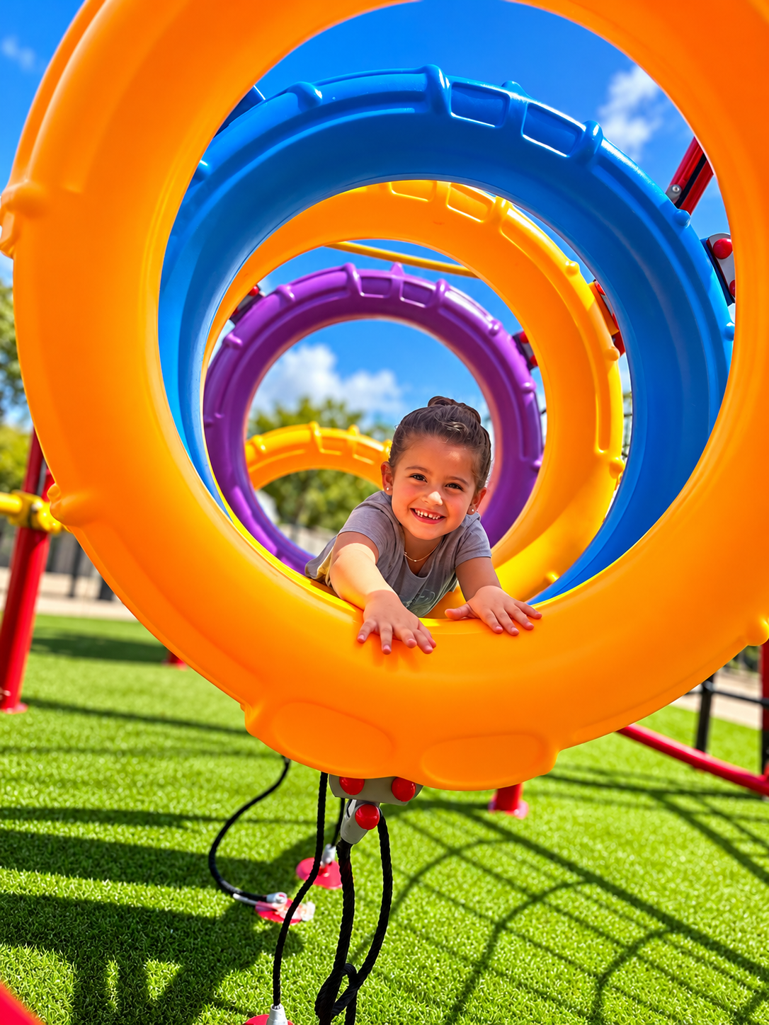 A child joyfully playing in a colorful playground tunnel